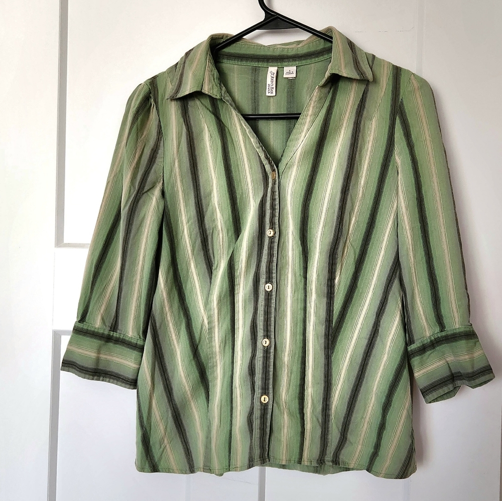 Green Striped Button-Up Blouse